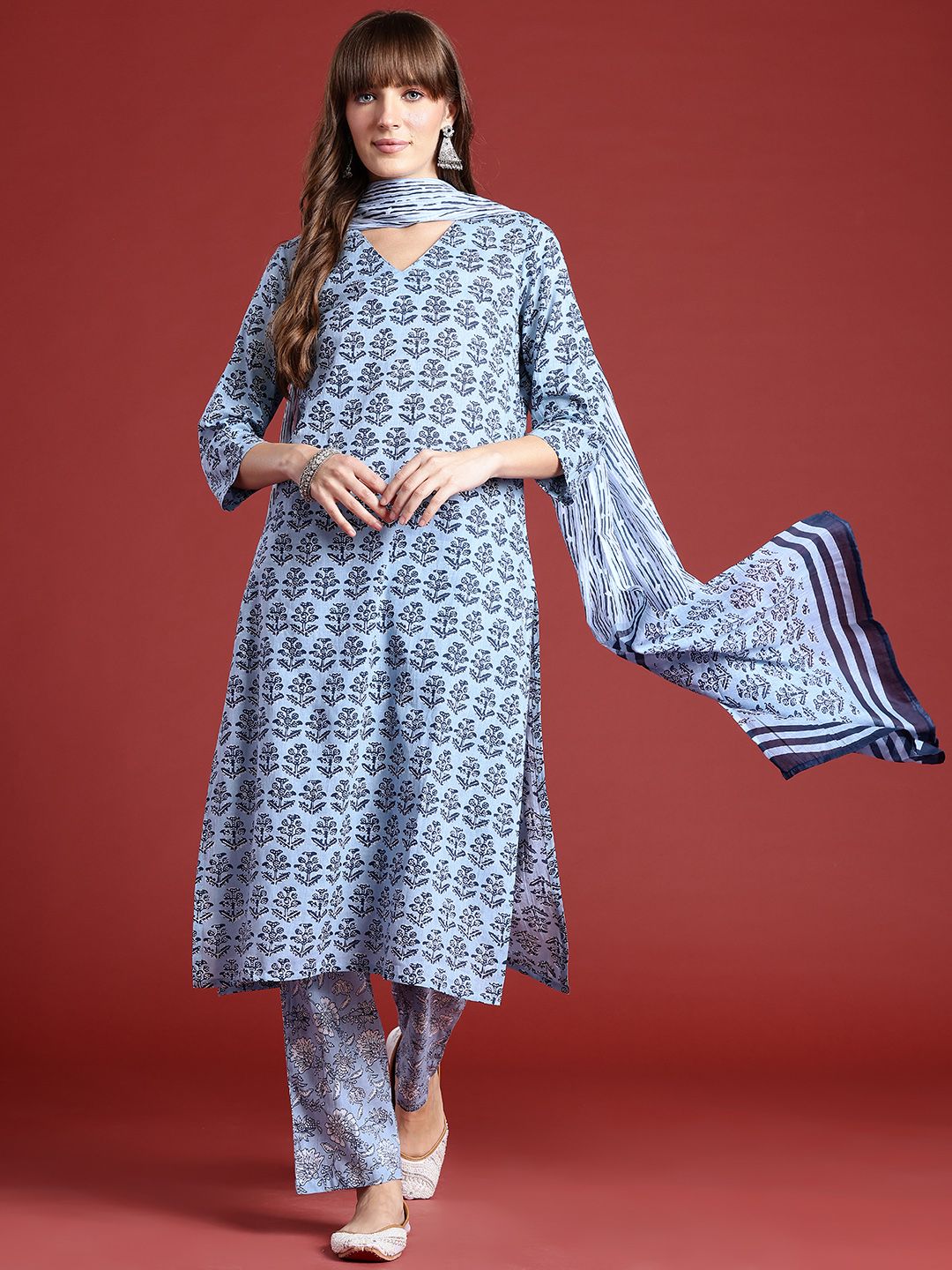 Anouk Printed Pure Cotton Kurta with Trousers & Dupatta