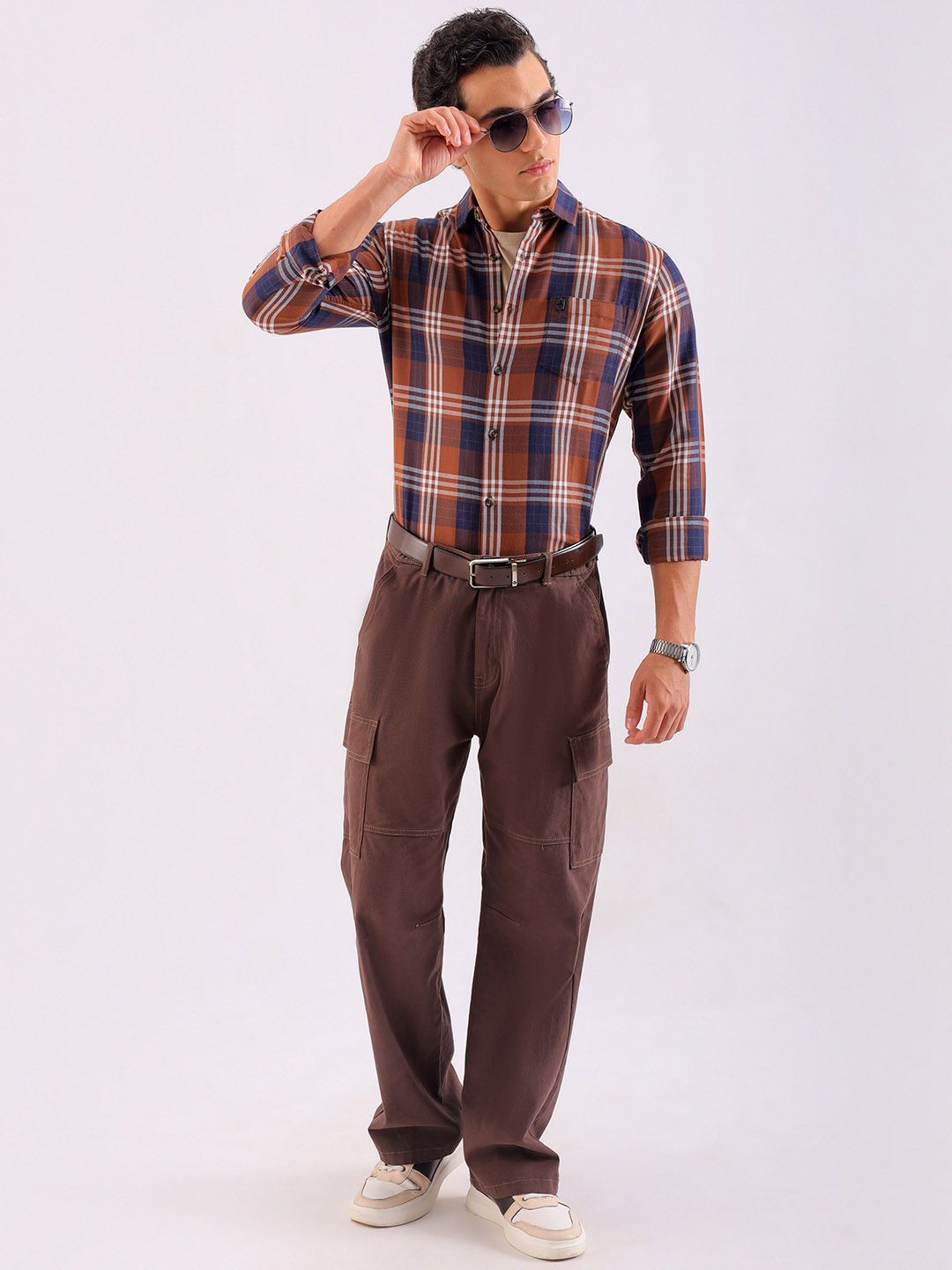 The Indian Garage Co Men Brown & White Tartan Checked Casual Shirt
