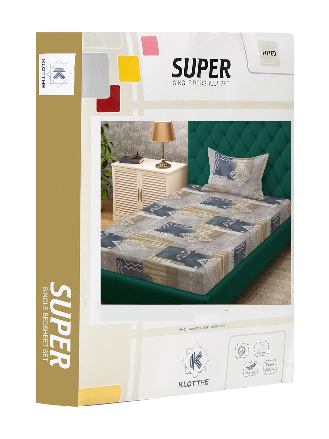 KLOTTHE Grey Geometric Printed Pure Cotton Fitted 400 TC Single Bedsheet With Pillow Cover