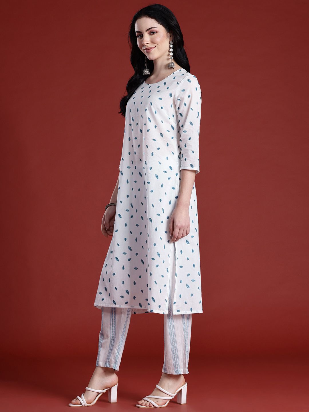 Anouk Floral Printed Regular Cotton Kurta with Trousers & With Dupatta