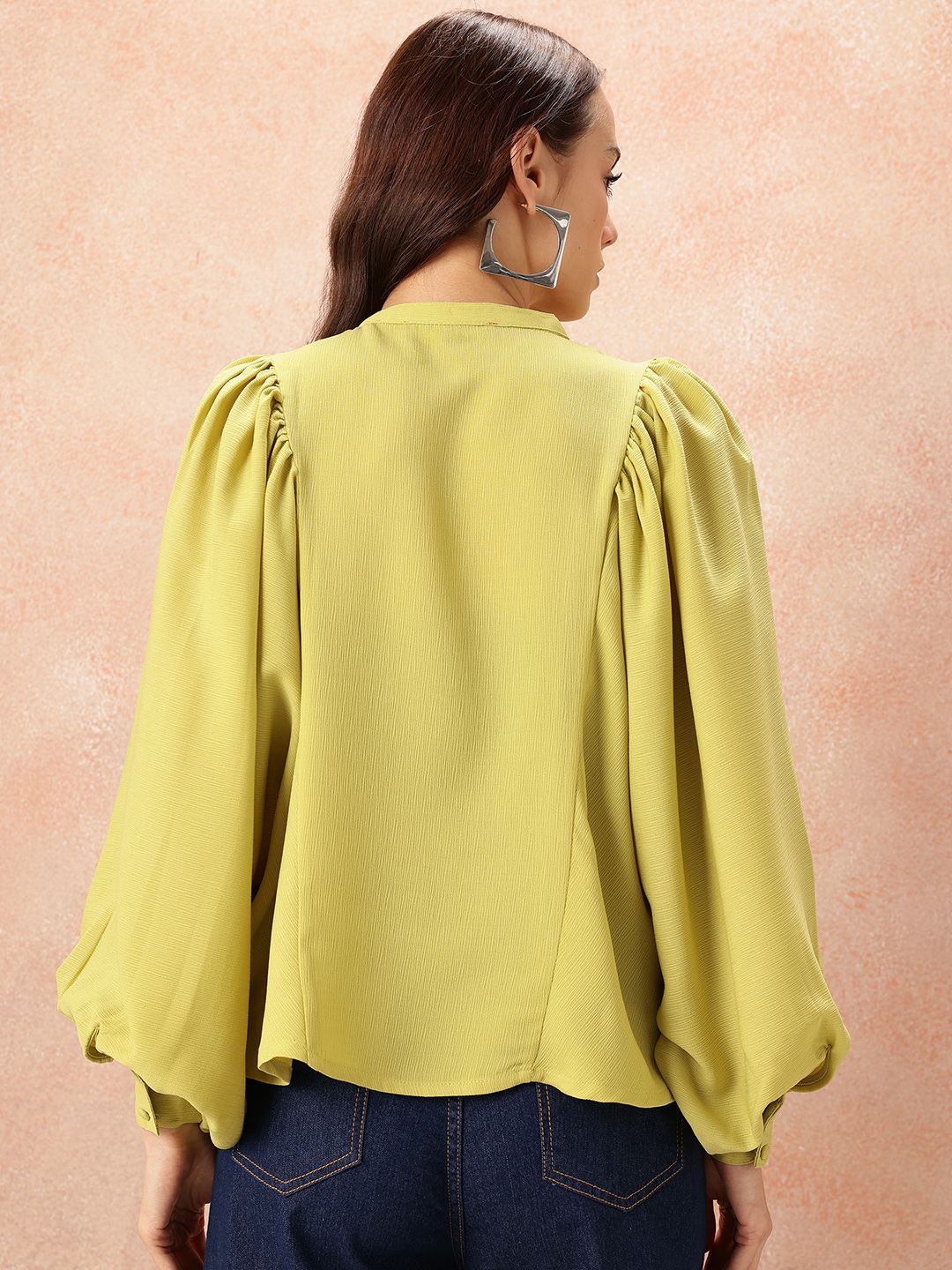 all about you Mandarin Collar Bishop Sleeves Shirt Style Top