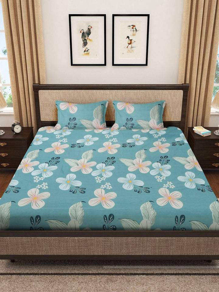 KLOTTHE Green Floral Polycotton 300 TC Fitted King Fine Bedsheet with 2 Pillow Covers-270 x 270 cm