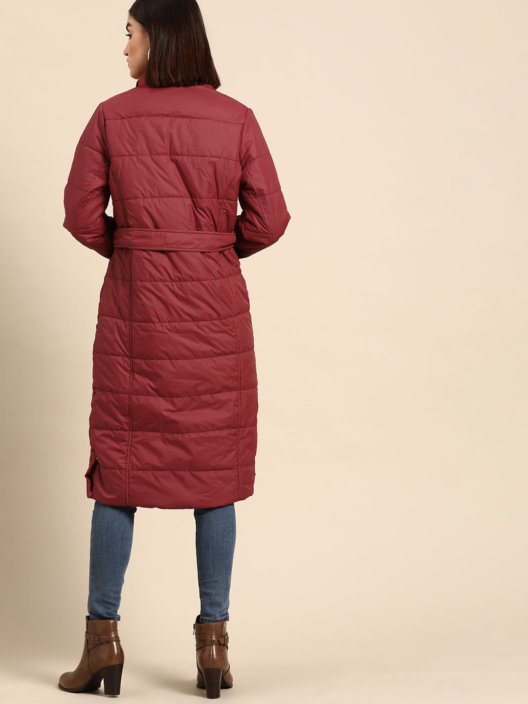 all about you Women Maroon Longline Hooded Parka Jacket with Belt