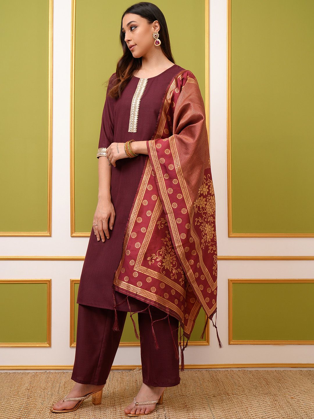 Vishudh Burgundy Yoke Design Thread Work Straight Kurta & Palazzos With Dupatta