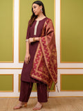 Vishudh Burgundy Yoke Design Thread Work Straight Kurta & Palazzos With Dupatta
