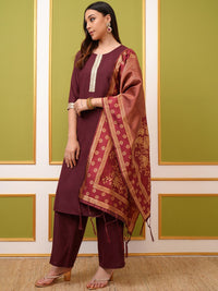 Vishudh Burgundy Yoke Design Thread Work Straight Kurta & Palazzos With Dupatta