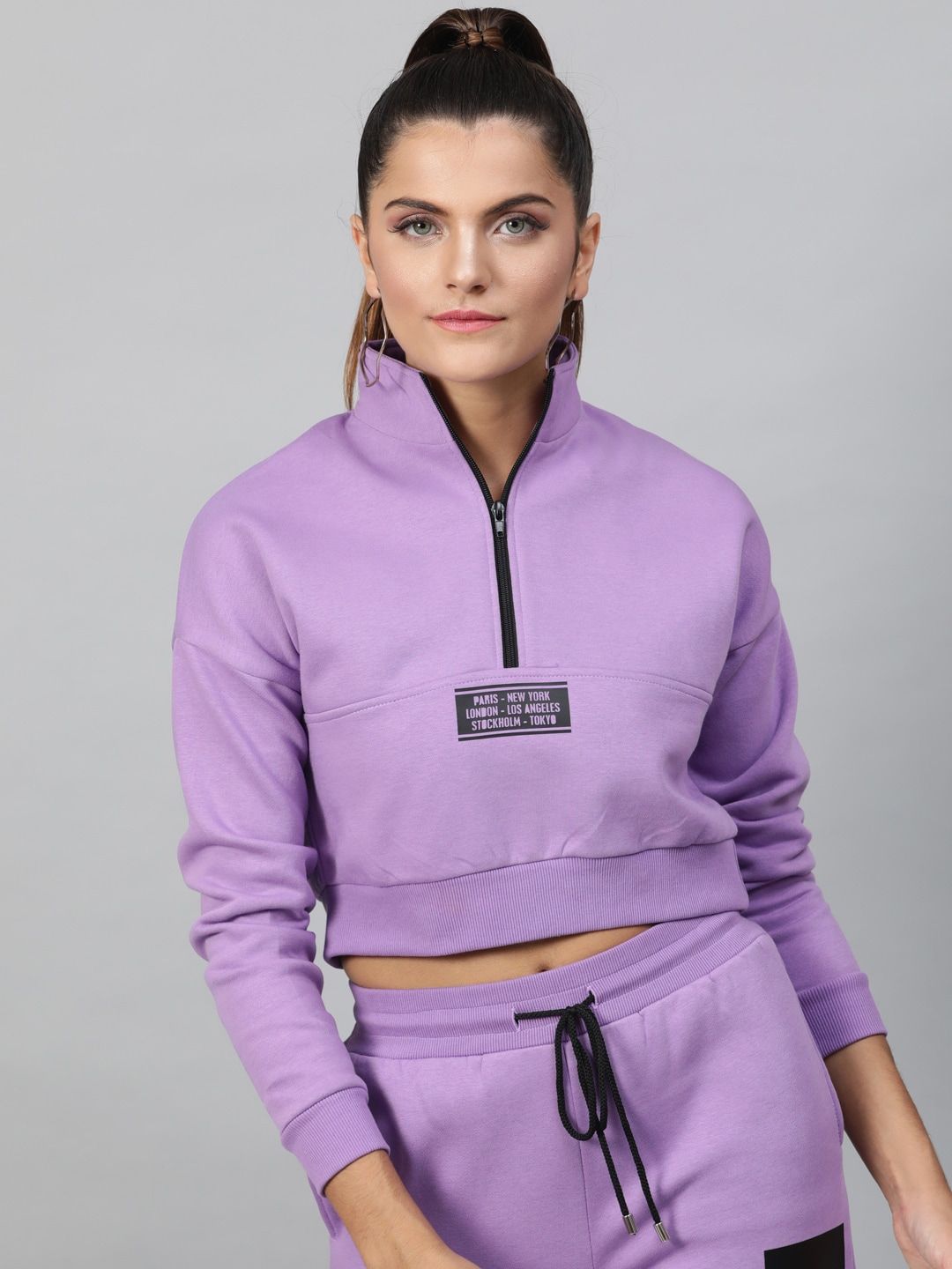 STREET 9 Women Lavender Solid Crop Sweatshirt