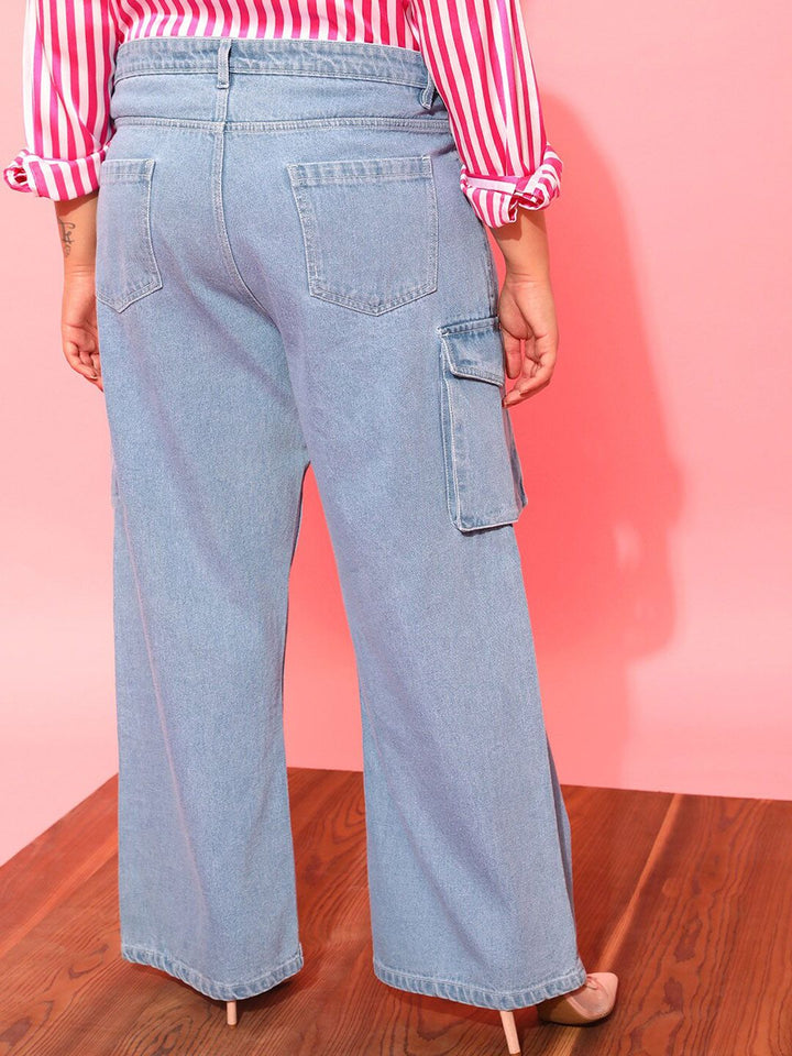 CURVY STREET Women Plus Size Blue Jean Wide Leg Pure Cotton Cargo Jeans