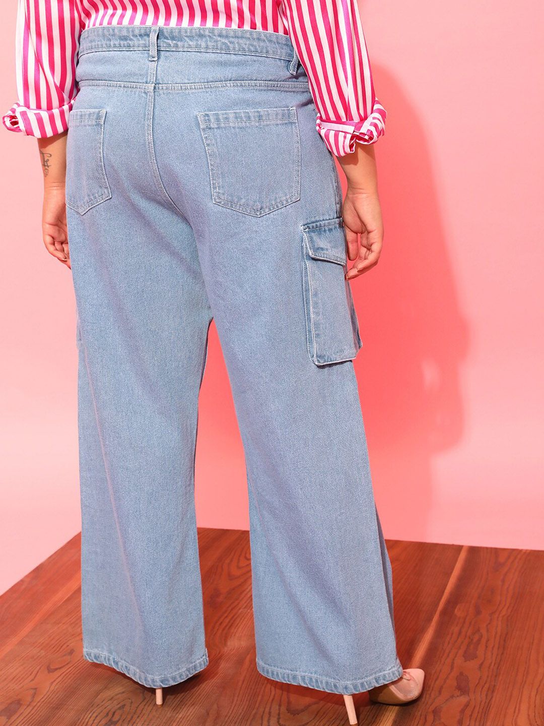 CURVY STREET Women Plus Size Blue Jean Wide Leg Pure Cotton Cargo Jeans
