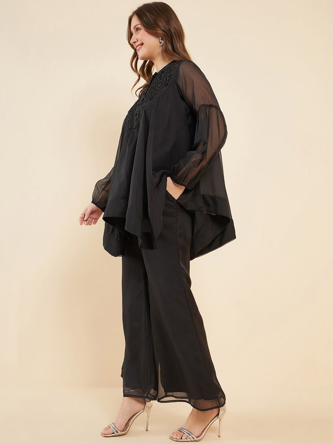 Antheaa Black Embellished Mandarin Collar Asymmetric Hem Organza Tunic With Palazzos