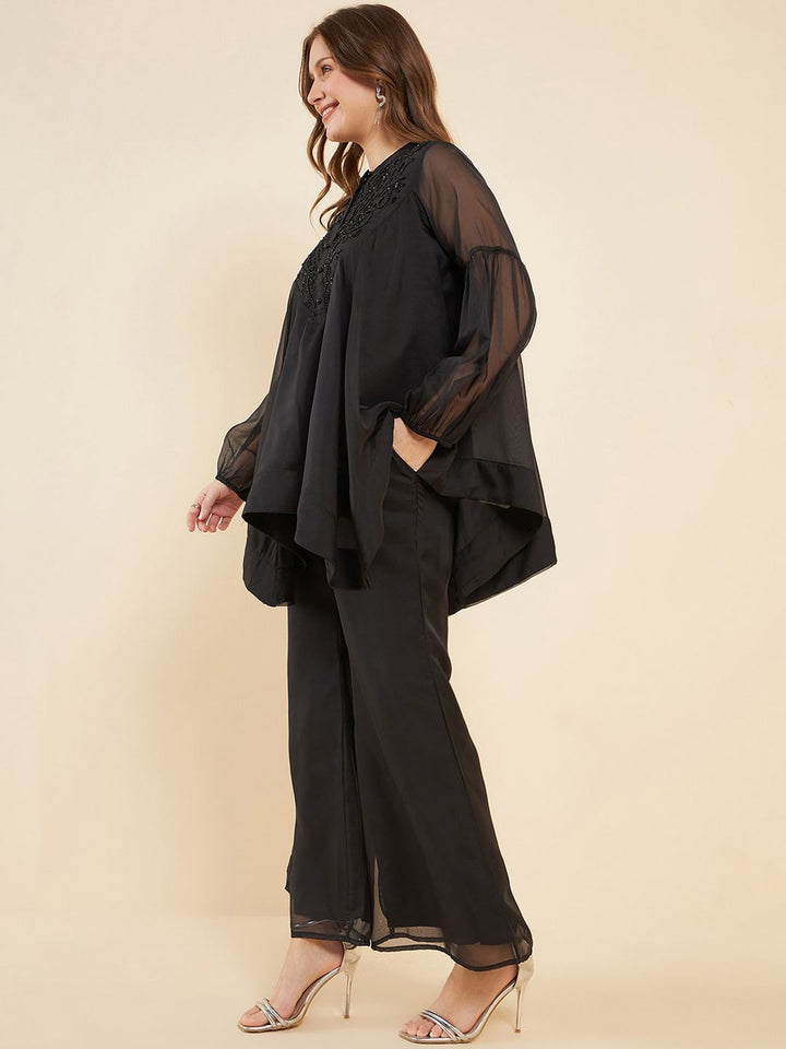 Antheaa Black Embellished Mandarin Collar Asymmetric Hem Organza Tunic With Palazzos