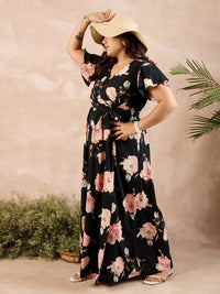 Berrylush Curve Black Floral Print Belted Maxi Dress
