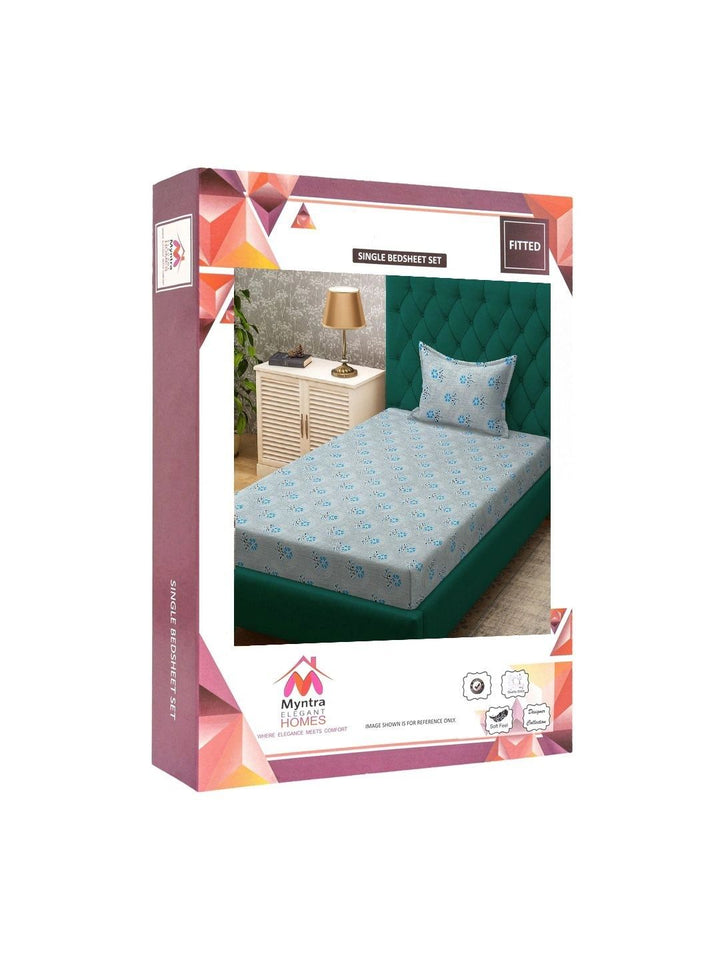 Myntra Elegant Homes Blue Floral 400 TC Single Bedsheet with 1 Pillow Covers