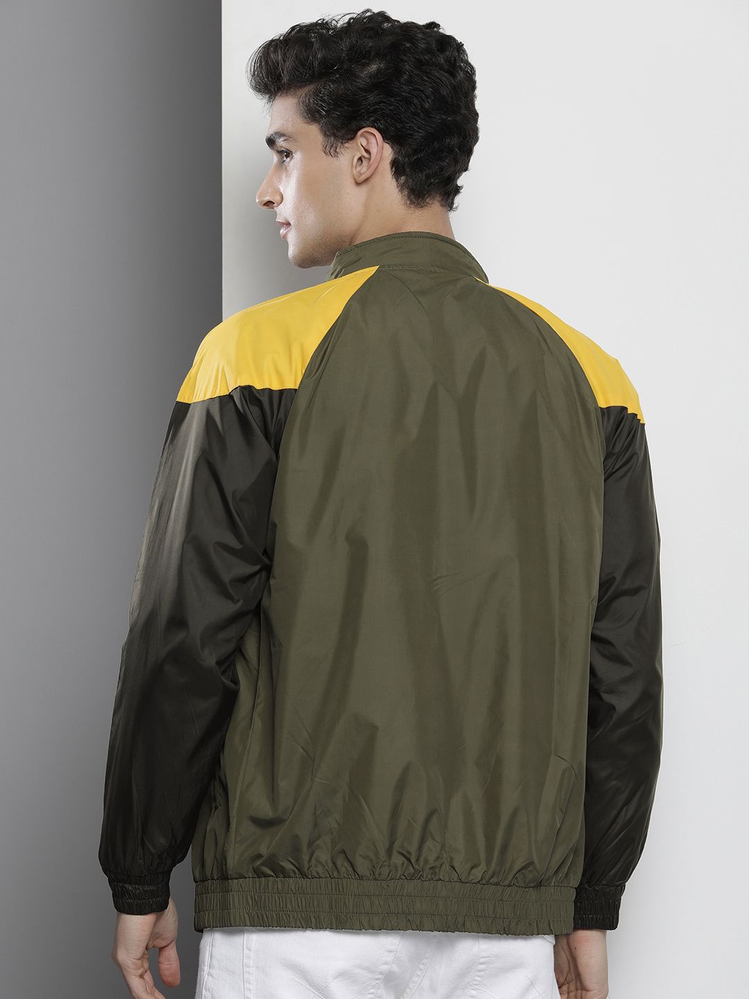 The Indian Garage Co Men Olive Green & Yellow Colourblocked Windcheater Jacket