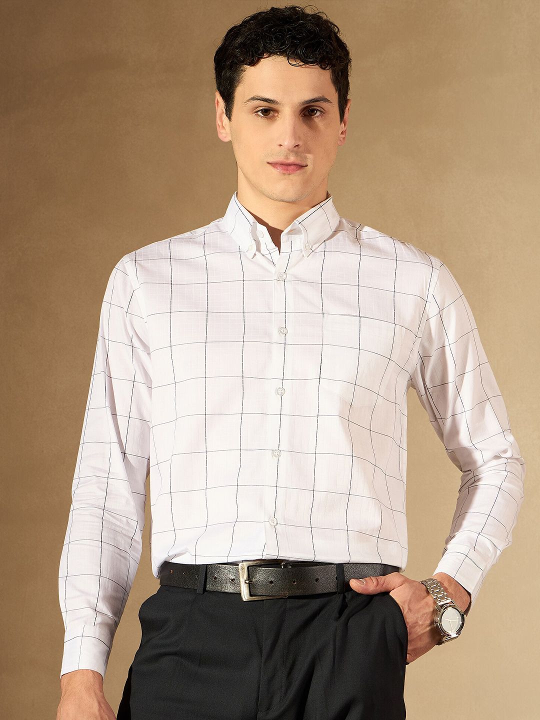 DENNISON Windowpane Checked Button-Down Collar Smart Cotton Formal Shirt