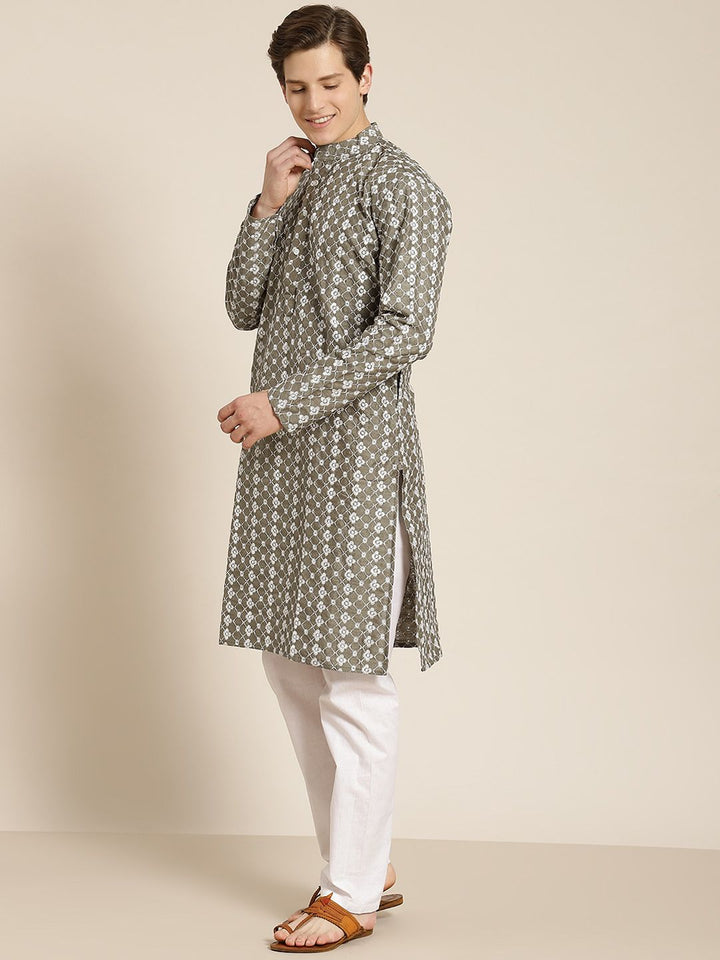 SOJANYA Men Olive Green & White Ethnic Motifs Embroidered Kurta