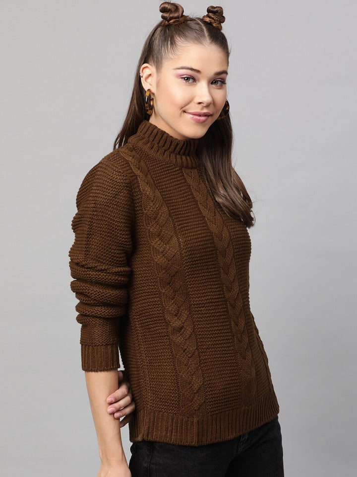 STREET 9 Women Coffee Brown Self Design Pullover Sweater