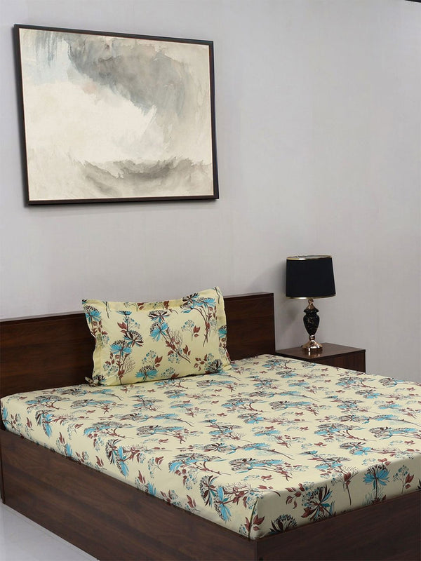 BOMBAY DYEING Brown & White Floral Cotton 140 TC Single Bedsheet Set-1.50 m X 2.28 m