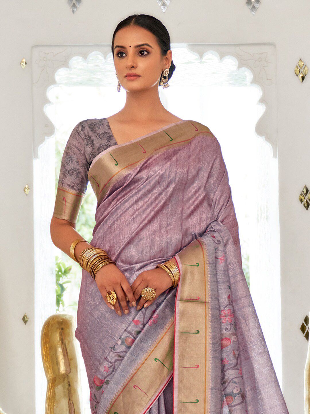 Saree mall Lavender & Green Floral Printed Zari Sungudi Sarees