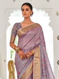 Saree mall Lavender & Green Floral Printed Zari Sungudi Sarees