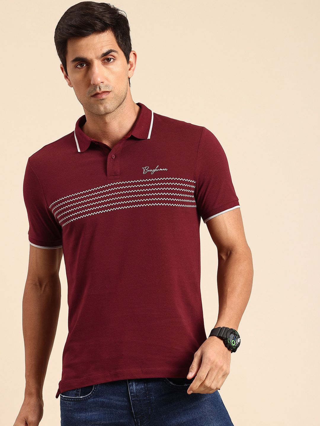 Being Human Geometric Printed Polo Collar Pure Cotton T-shirt