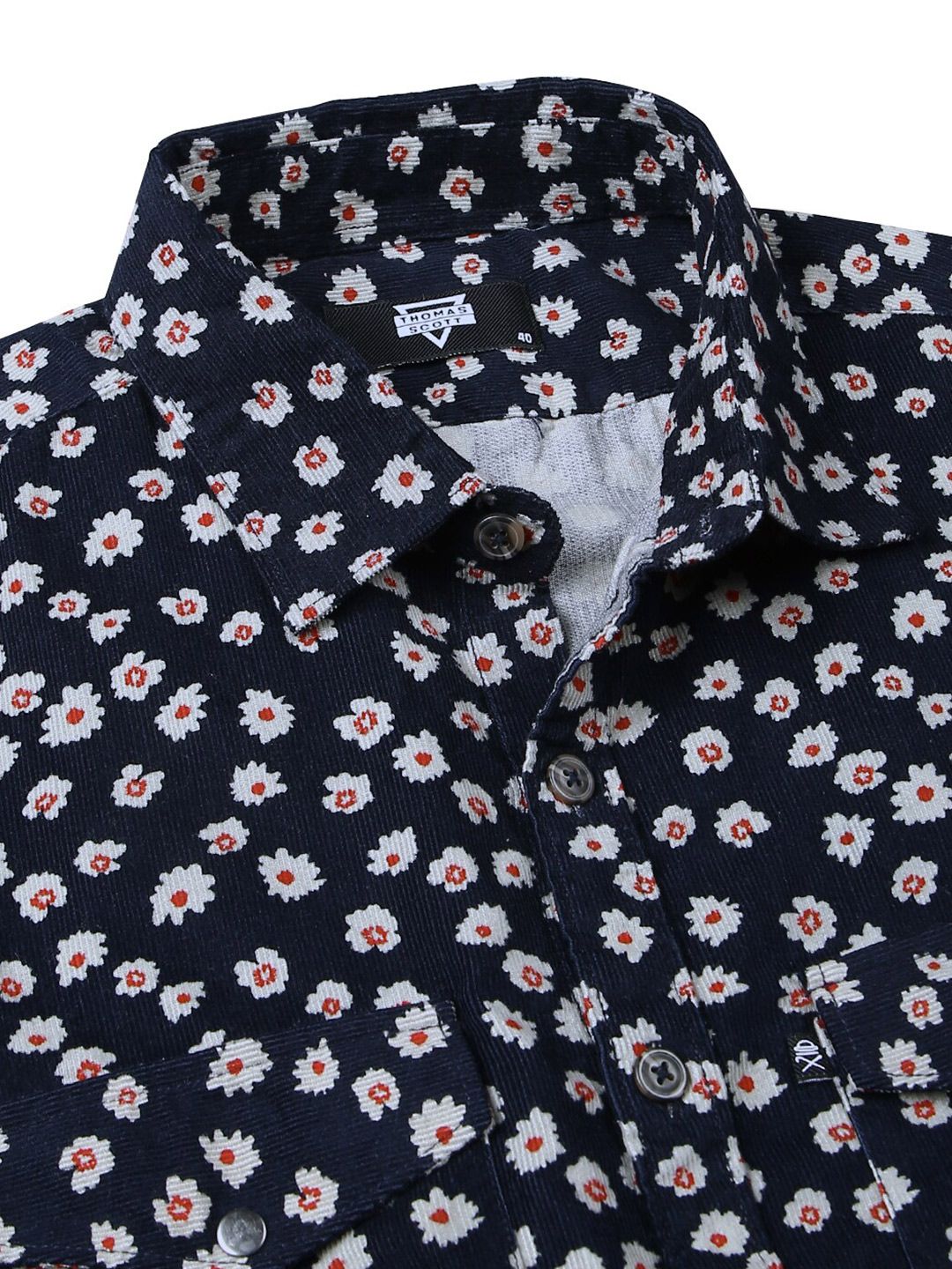Thomas Scott Premium Slim Fit Floral Printed Spread Collar Cotton Corduroy Casual Shirt