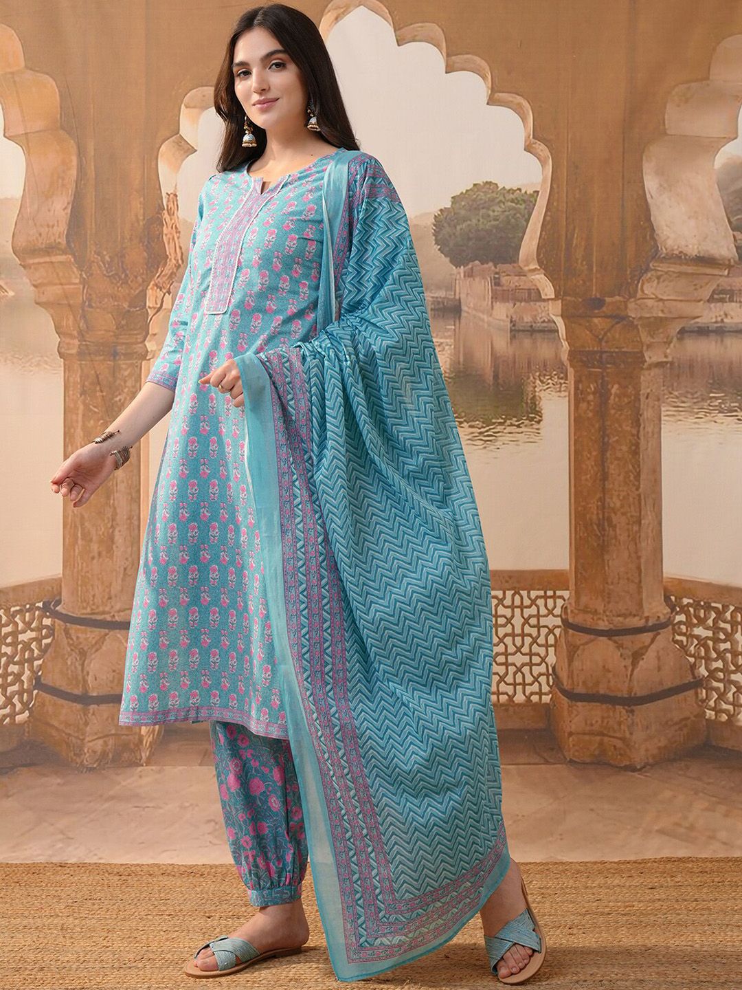 Vishudh Blue Floral Printed Regular Pure Cotton Straight Kurta with Trousers & Dupatta