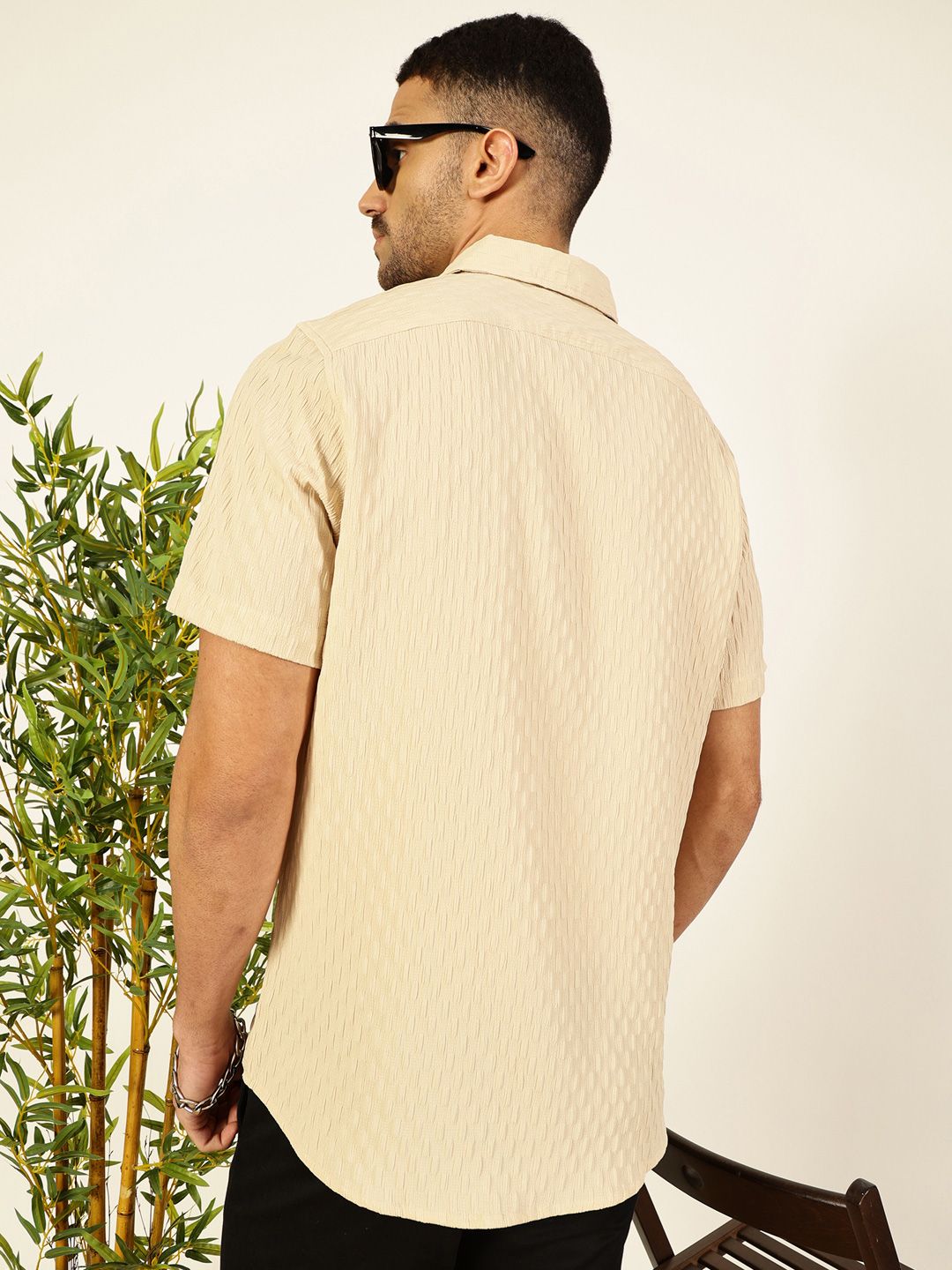 Thomas Scott Men Premium Spread Collar Popcorn Texture Casual Shirt