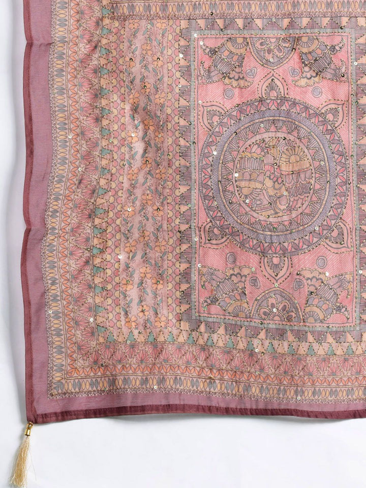 Indo Era Ethnic Motifs Printed Thread Work Chanderi Silk Kurta With Trousers & Dupatta