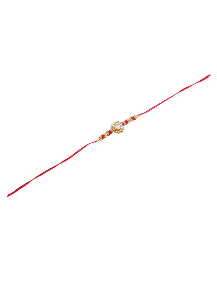 NVR Unisex Red Kundan Studded Floral  Thread Rakhi with Roli Chawal Chandan Mishri