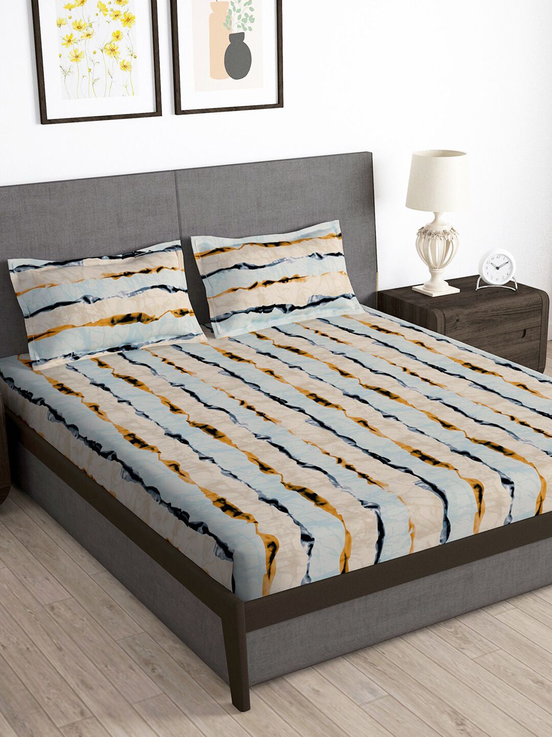 Story@home Cream & Brown Striped 180 TC Queen Bedsheet with 2 Pillow Covers