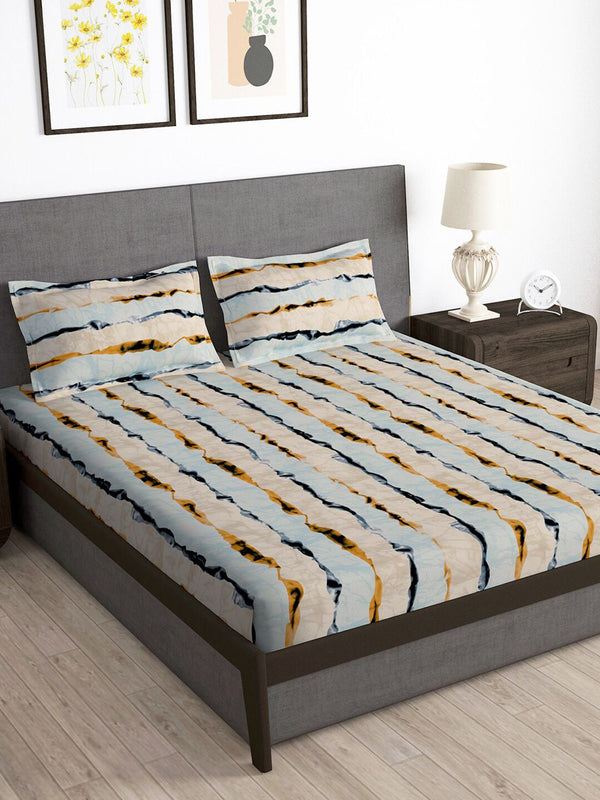 Story@home Cream & Brown Striped 180 TC Queen Bedsheet with 2 Pillow Covers