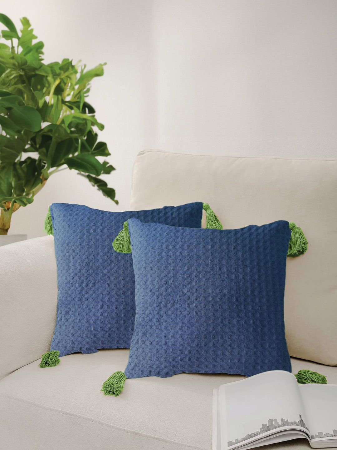 URBAN SPACE Navy Blue & Green 2 Pieces Checked Square Cushion Covers