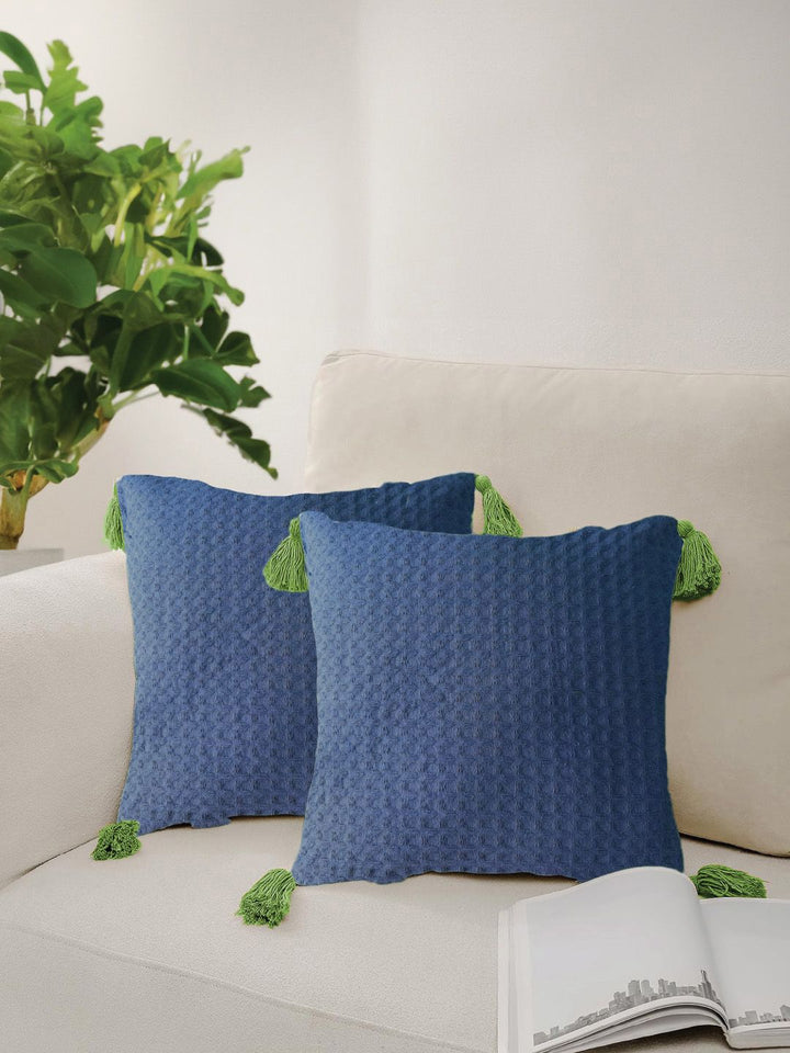 URBAN SPACE Navy Blue & Green 2 Pieces Checked Square Cushion Covers