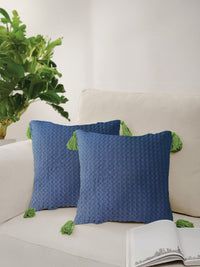 URBAN SPACE Navy Blue & Green 2 Pieces Checked Square Cushion Covers