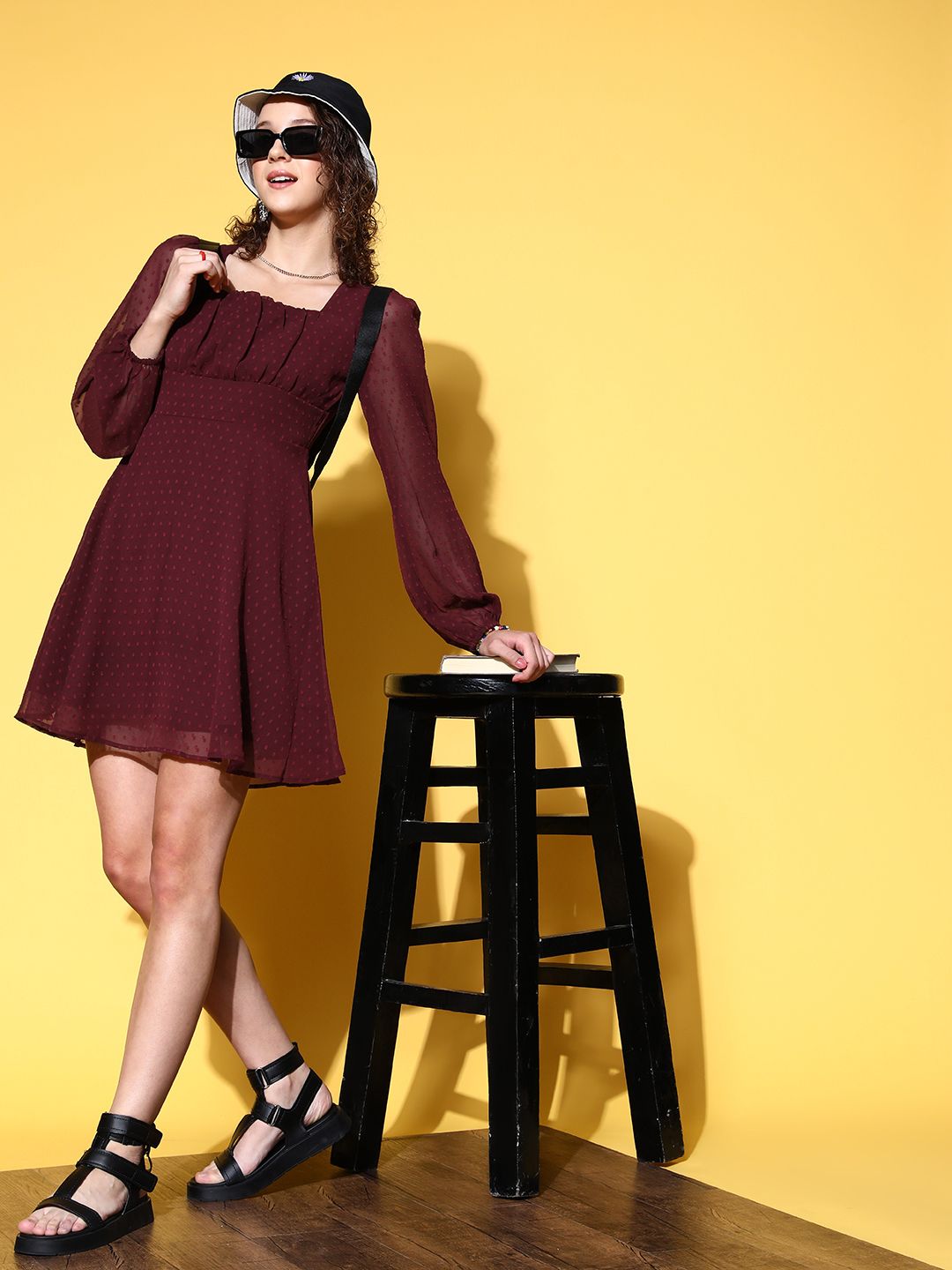 Berrylush Women Burgundy Self-Design Vacay Attire