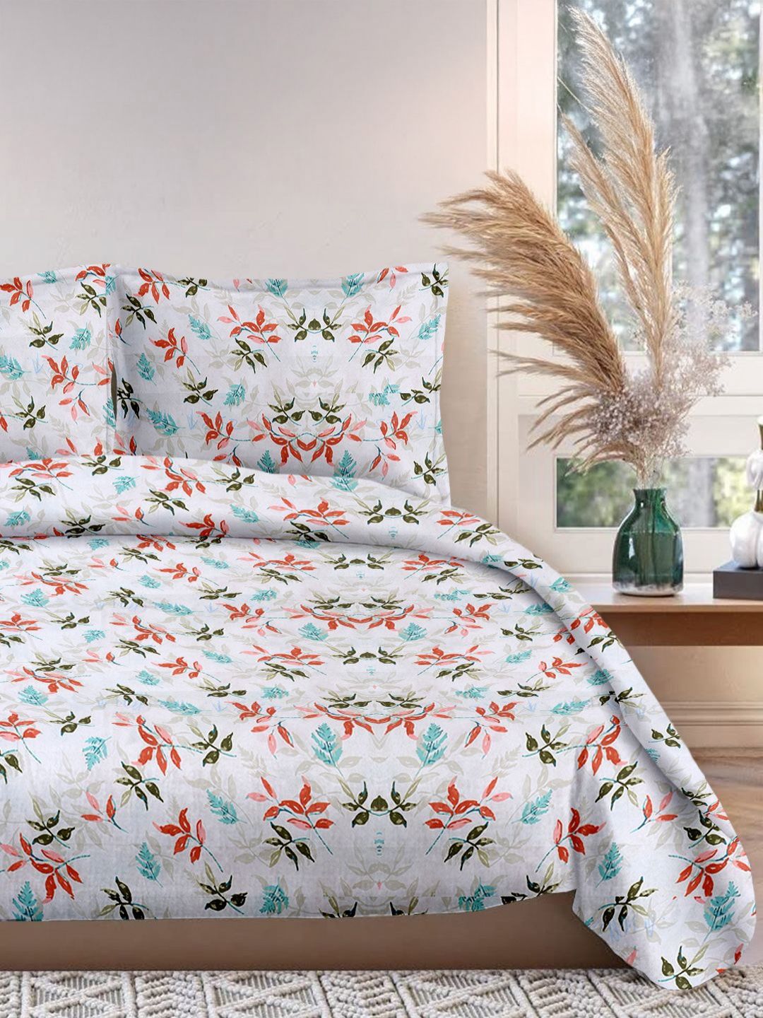 Cortina Glazed Cotton Red & White Floral 140 TC King Bedsheet with 2 Pillow Covers