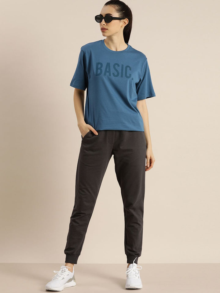 DILLINGER Women Blue Printed  Pure Cotton Round Neck Oversized T-shirt