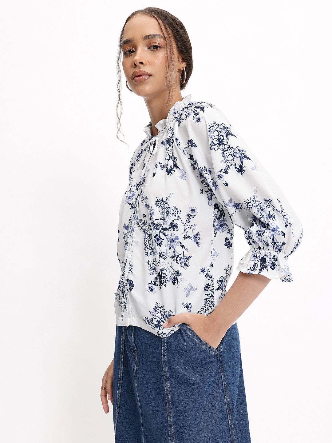 DressBerry Periwinkle Floral Print Shirt Style Top