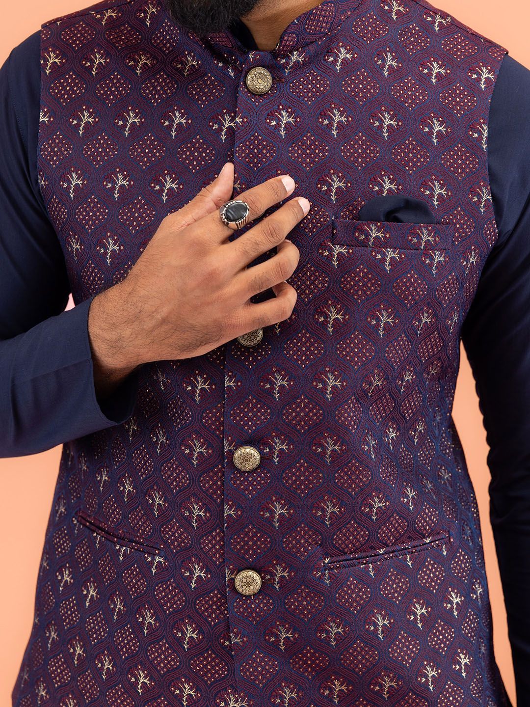 KISAH Men Textured Zari  Regular Fit Nehru Jacket