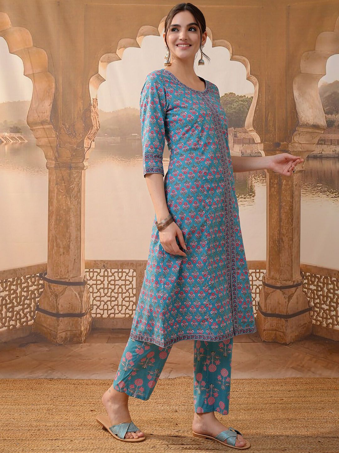 Vishudh Floral Printed Round Neck Three-Quarter Sleeves Pure Cotton Kurta Set