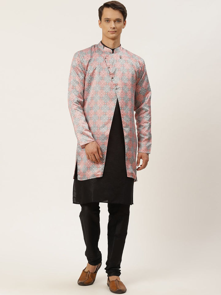 SOJANYA Men Black Solid Kurta with Churidar & Ethnic Jacket