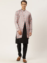 SOJANYA Men Black Solid Kurta with Churidar & Ethnic Jacket