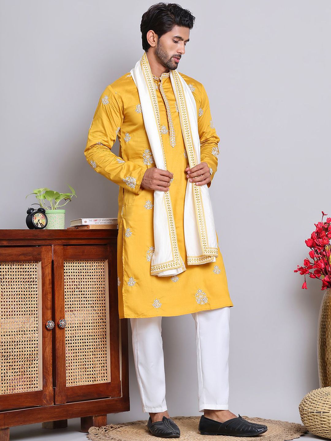 Jompers Floral Embroidered Sequinned Silk Cotton Straight Kurta with Pyjamas & Dupatta