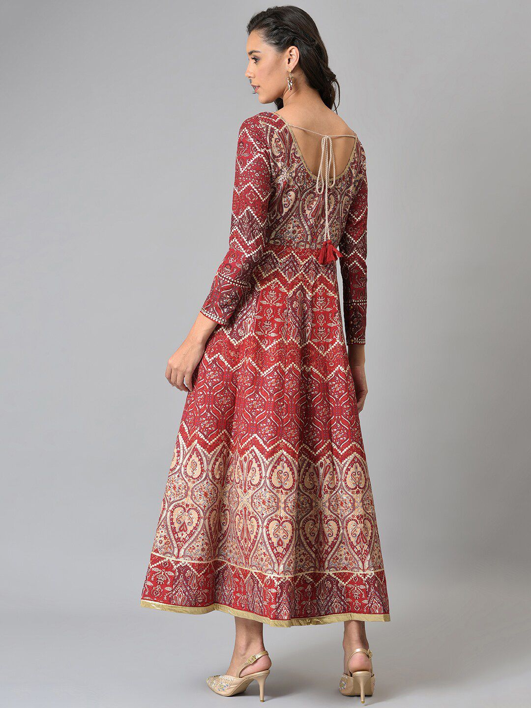 W Maroon & Beige Ethnic Motifs Chiffon Ethnic Maxi Dress