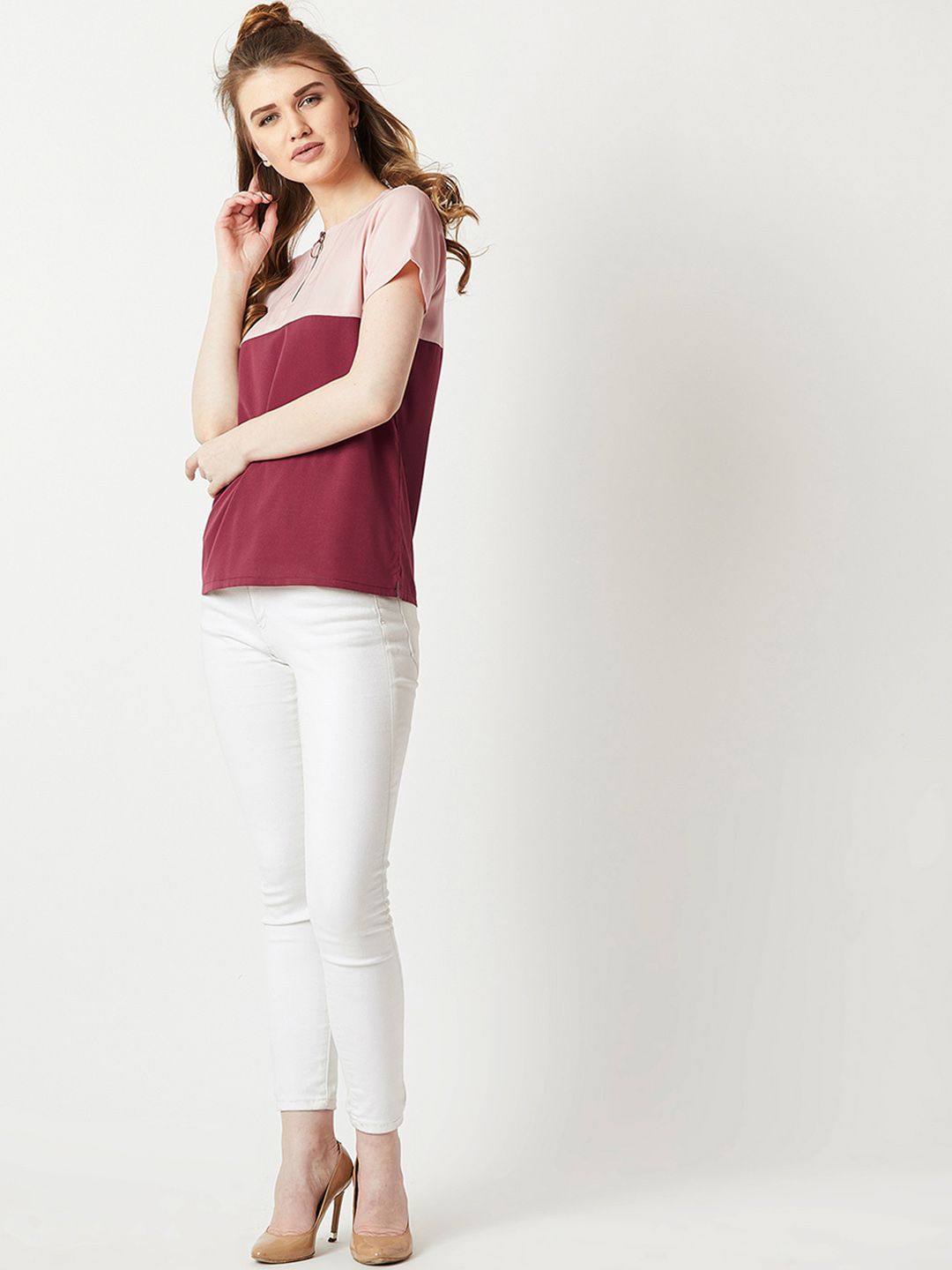 Miss Chase Women Maroon & Pink Colourblocked Top