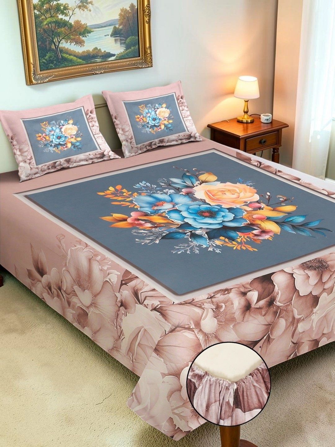 Moda Rapido X KLOTTHE Brown & Pink Floral 400 TC King Bedsheet with 2 Pillow Covers