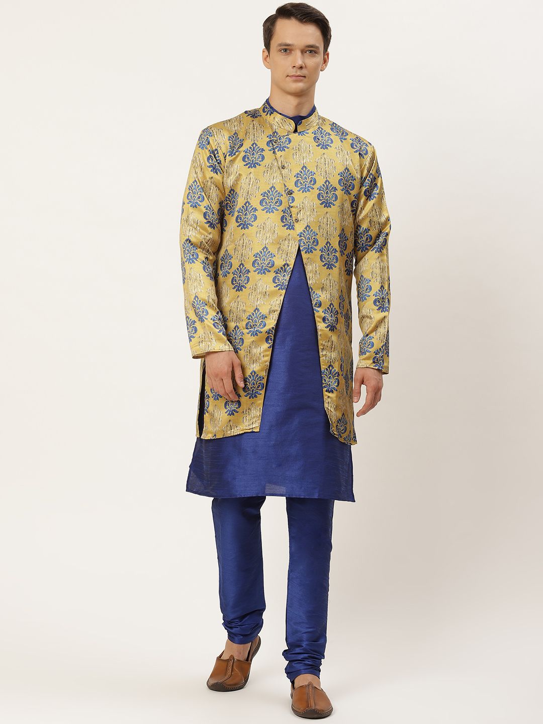 SOJANYA Men Navy Blue Ethnic Motifs Printed Kurta with Churidar