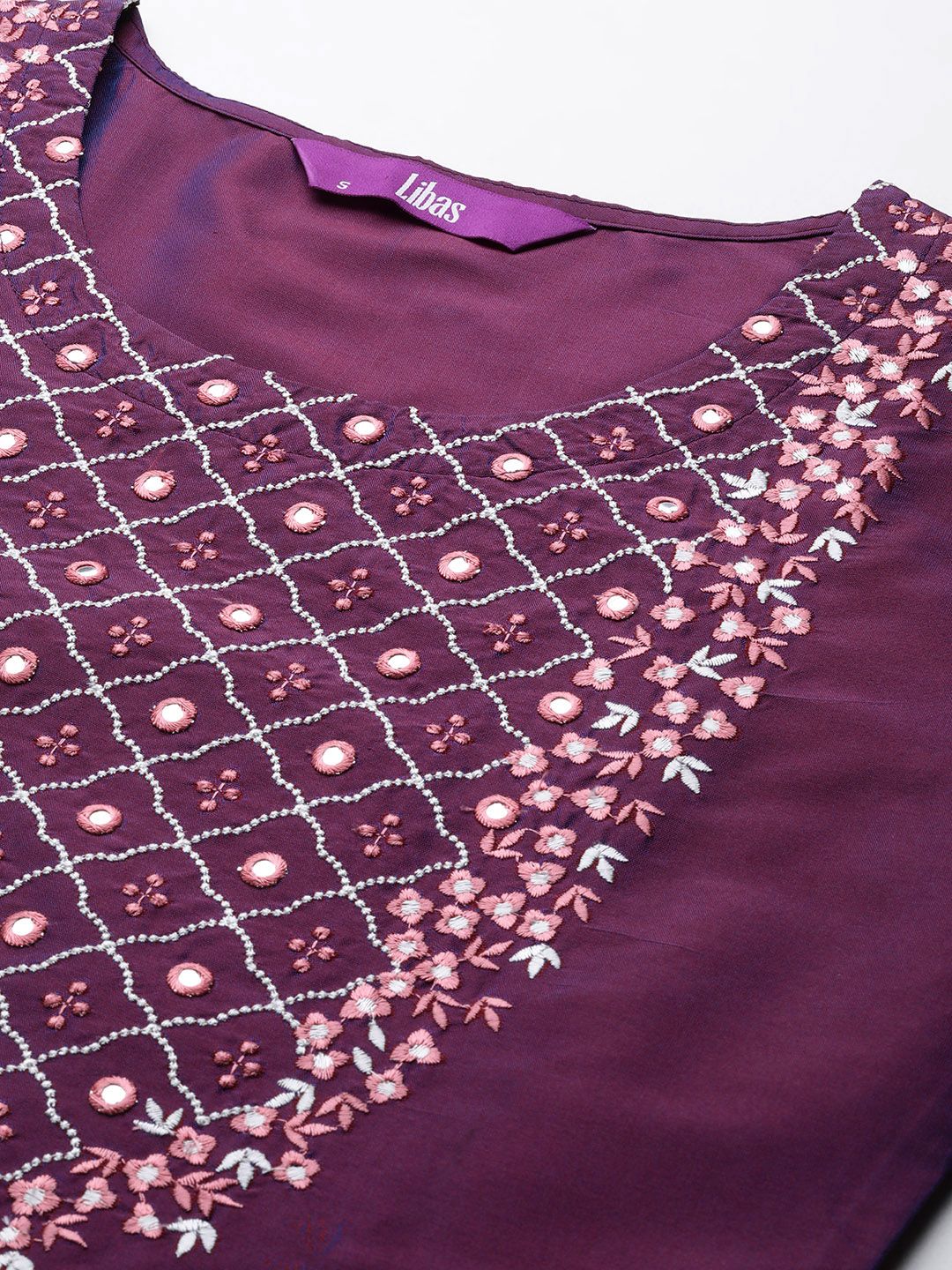 Libas Floral Embroidered Regular Mirror Work Kurta With Trousers & Dupatta