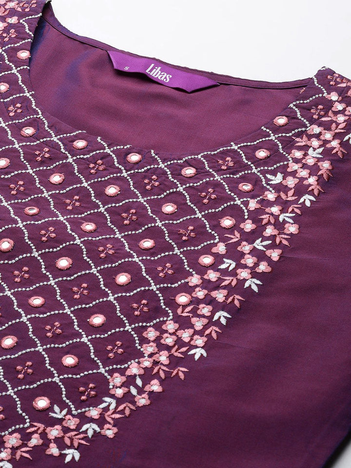 Libas Floral Embroidered Regular Mirror Work Kurta With Trousers & Dupatta